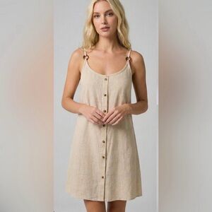 Oatmeal Linen Blend Button Front Mini Dress Spaghetti Strap
